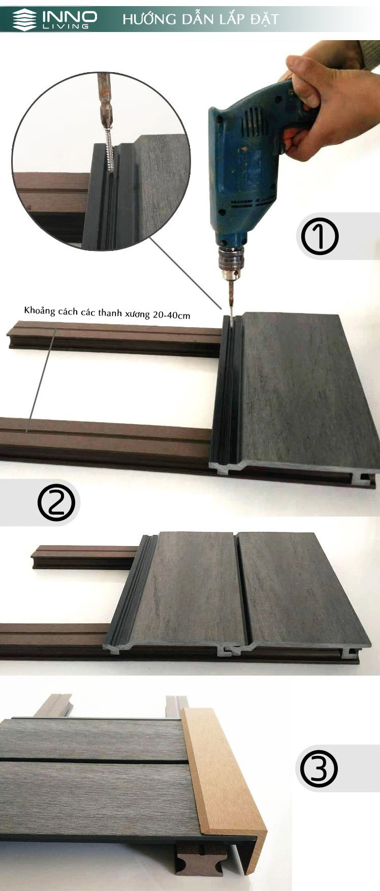 Hướng dẫn lắp đặt Tấm gỗ nhựa ốp trần - tường ngoài trời INNOliving 225×20