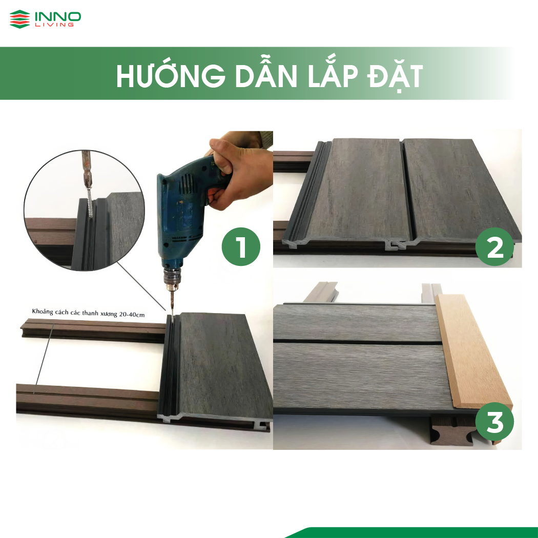 Để lắp đặt gỗ nhựa INNO LIVING 180x26, cần chuẩn bị bề mặt, khung xương chắc chắn và ốp tấm tỉ mỉ