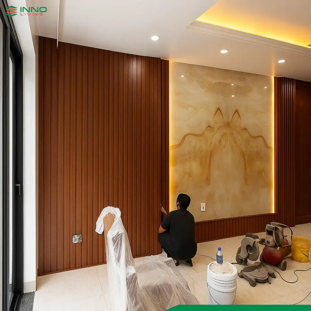 INNO LIVING thi công ốp tường phòng khách bằng tấm ốp PVC Nano cho khách hàng
