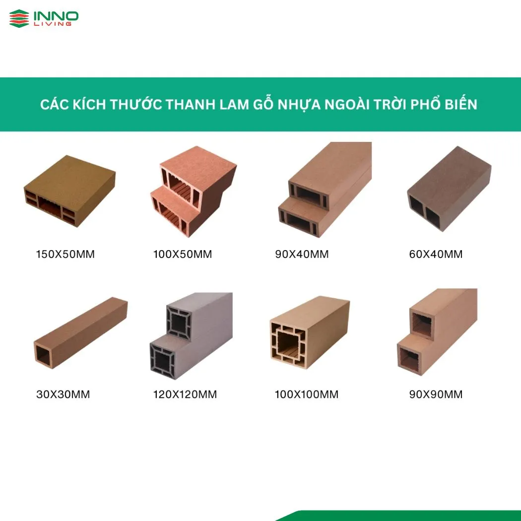 Các kích thước thanh lam gỗ nhựa ngoài trời phổ biến
