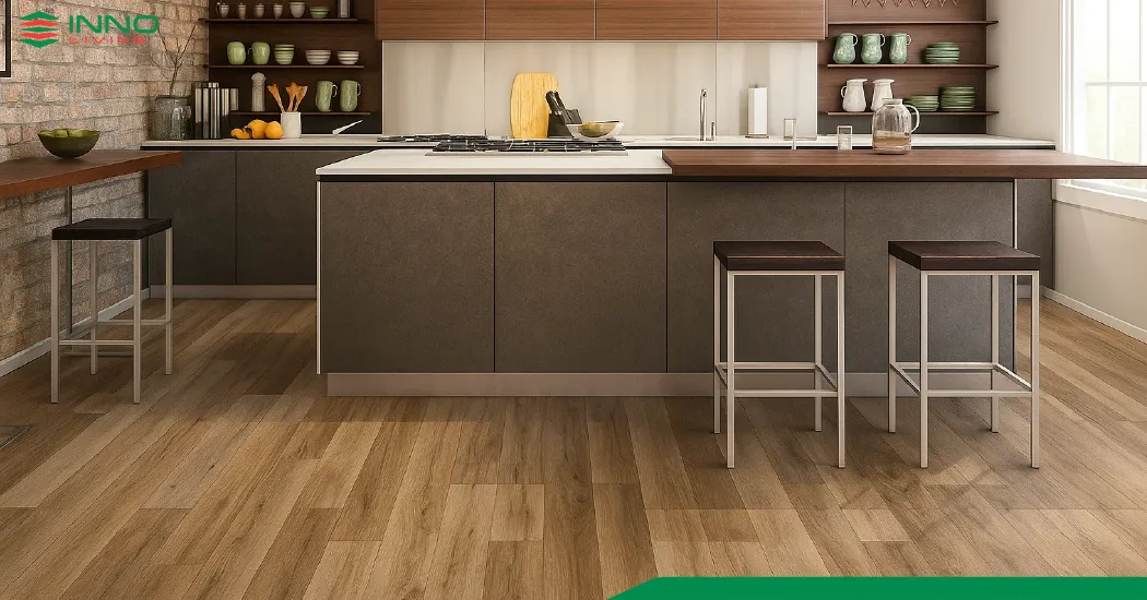 Sàn SPC là lựa chọn lý tưởng cho bếp nhờ khả năng chống nước, trượt và dễ lau chùi