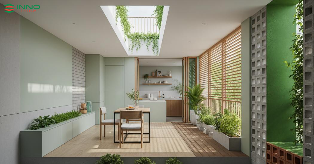 Khởi đầu: Vật liệu xanh và nội thất tối giản cho nhà phố hẹp