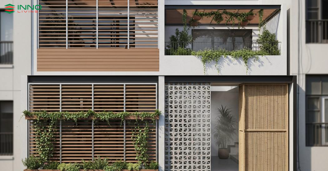 Thiết kế hữu cơ và giải pháp che nắng: lam gỗ, gạch thông gió và vách tre