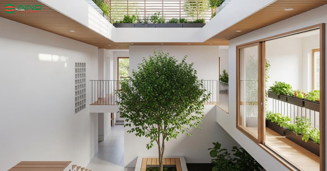 Tích hợp cây xanh trong cấu trúc: giếng trời, gầm cầu thang và ban công