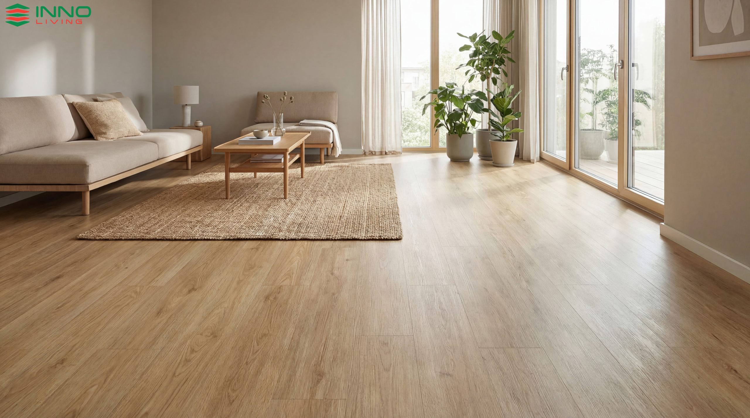 Sàn vinyl hèm khóa vân gỗ sồi màu sáng giúp phòng khách hiện đại và rộng rãi