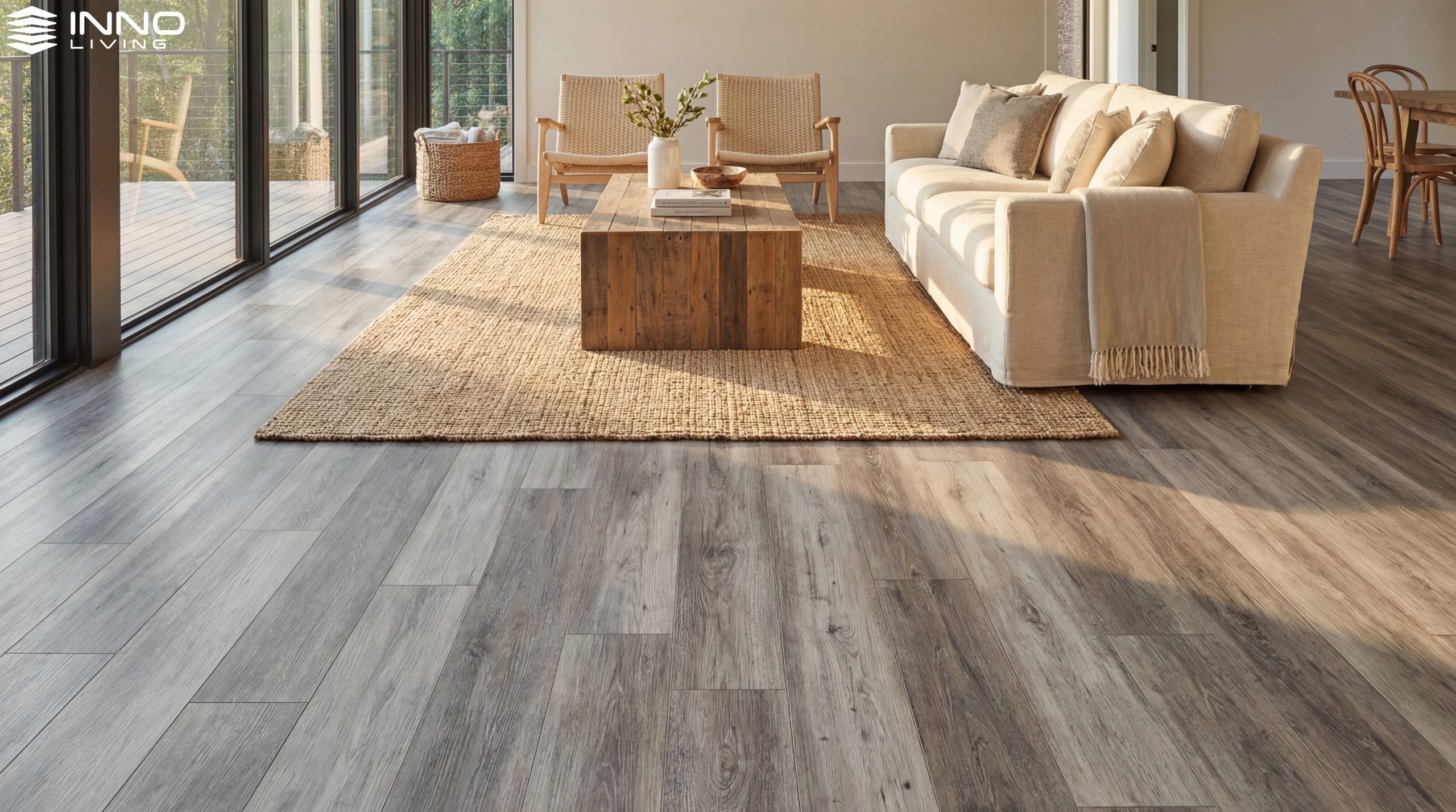 Sàn vinyl hèm khóa giả gỗ màu xám nâu mộc mạc cho không gian mở thoáng đãng