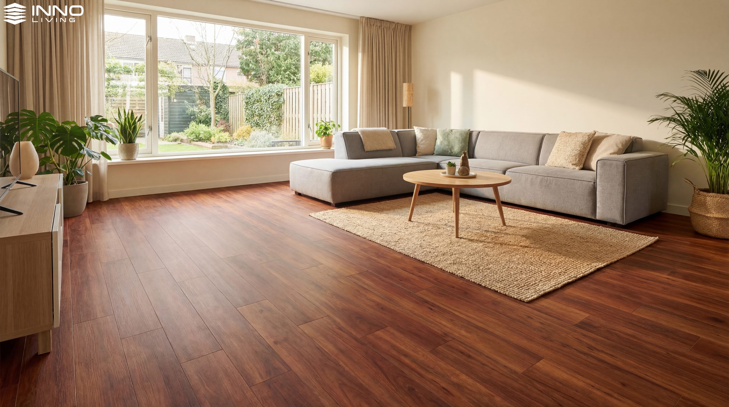 Sàn vinyl hèm khóa tông màu nâu đỏ ấm cúng chịu nước và chống trầy xước tốt